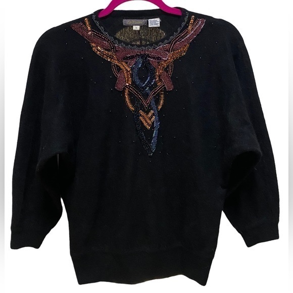 Vintage 90s epitome women’s black beaded lambs wool angora blend knit sweater L - Picture 1 of 6